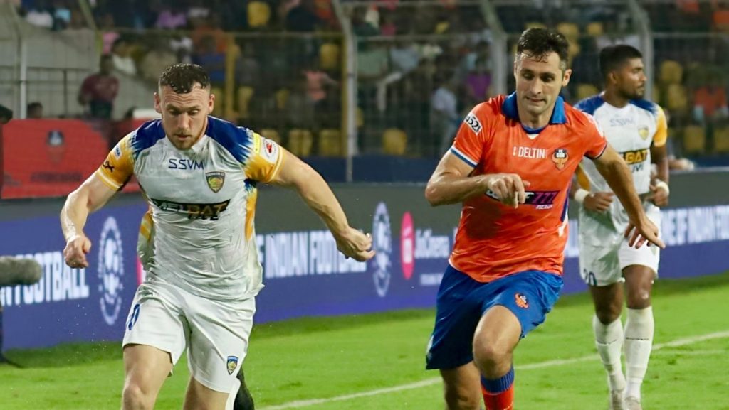 Chennaiyin FC forward Connor Shields in action against Carl McHugh.