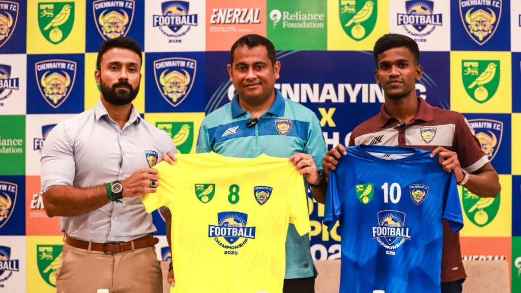 Chennaiyin FC goalkeeping coach Rajat Guha and goalkeeper Mohan Raj revealed the jerseys of Inter School Football Championship 2025 alongside head of marketing Neel Jayaram.