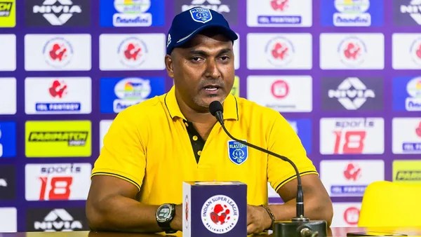 Kerala Blasters FC head coach TG Purushothaman following the victory against Chennaiyin FC