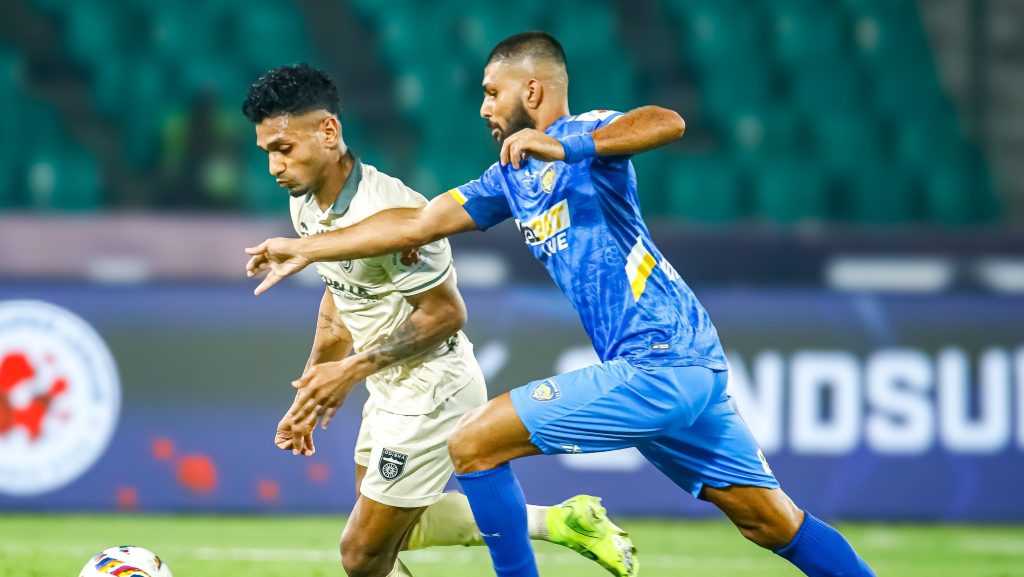 Rahul KP in action against Chennaiyin FC defender Ankit Mukherjee. 