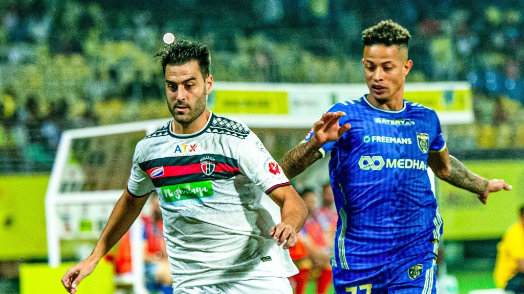 Northeast United's Nestor Albiach and Kerala Blasters' Noah Sadaoui in action