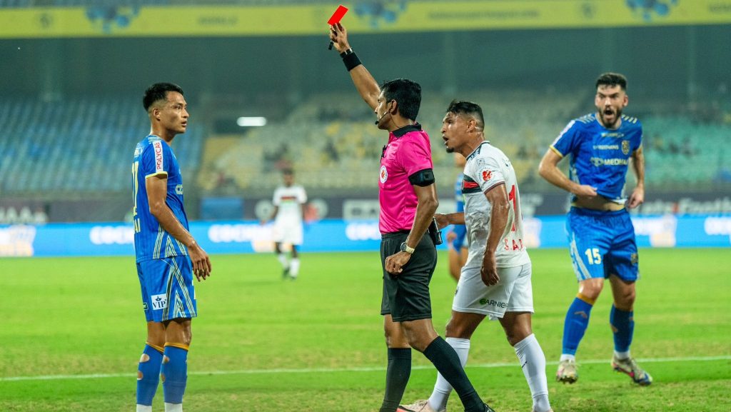 Kerala Blaster full-back Aiban Dohling was shown red card for his actions against Alaeddine Ajaraie