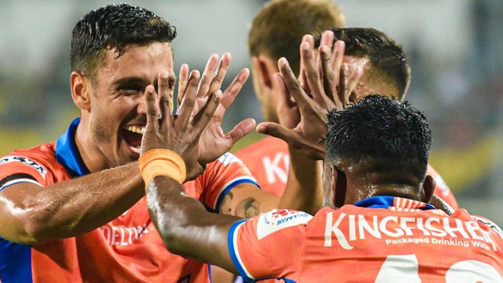 Borja Herrera and Brison Fernandes celebrating Goa's winner against East Bengal.