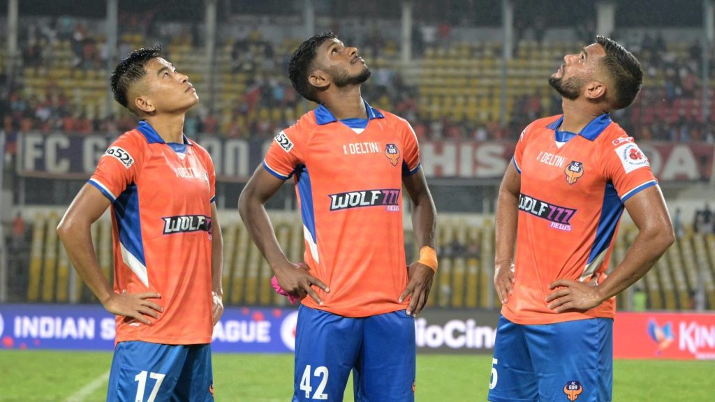 Mohammad Yasir, Brison Fernandes and Sahil Tavora celebrating FC Goa's victory against Chennaiyin FC