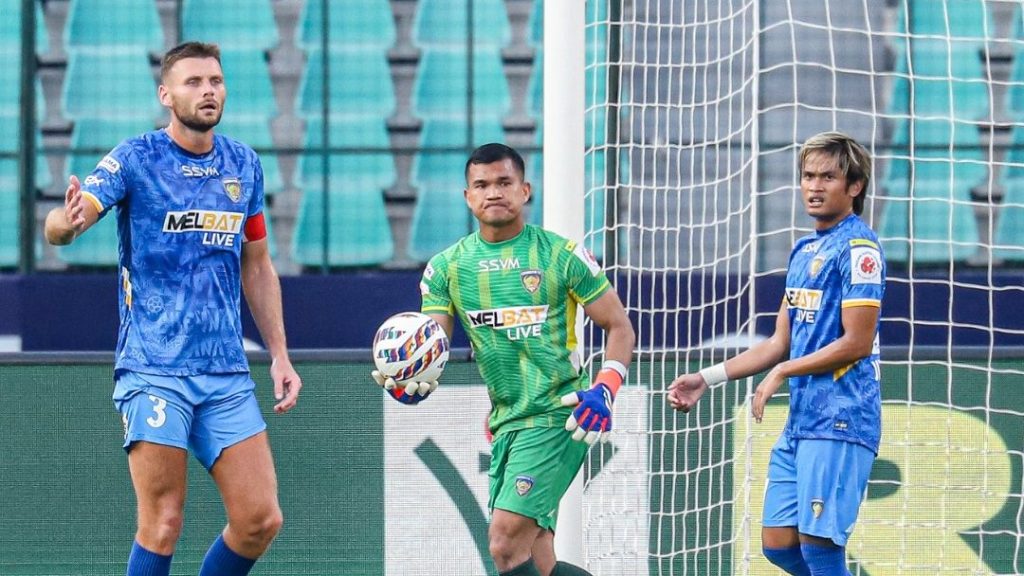 Chennaiyin FC players Mohammad Nawaz, Ryan Edwards and Jiteshwor Singh in action against Punjab FC. 