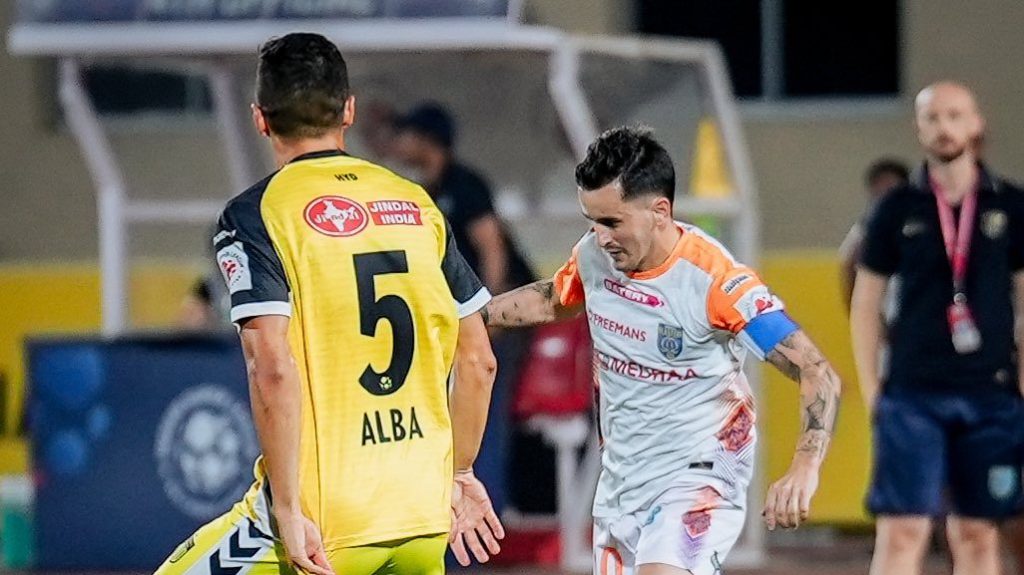 Kerala Blasters' and Hyderabad FC's midfield generals Adrian Luna and Andrei Alba in action.