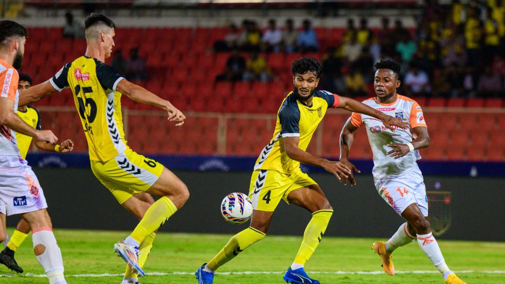 Kerala Blasters and Hyderabad FC players contesting for the ball