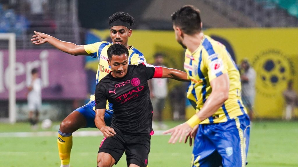 Mumbai City FCcaptain Lallianzuala Chhangte in action against Vibin 