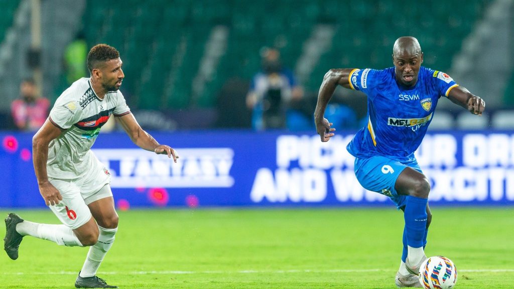 Chennaiyin FC striker Wilmar Jordan in action against Northeast United FC's Bemmamer