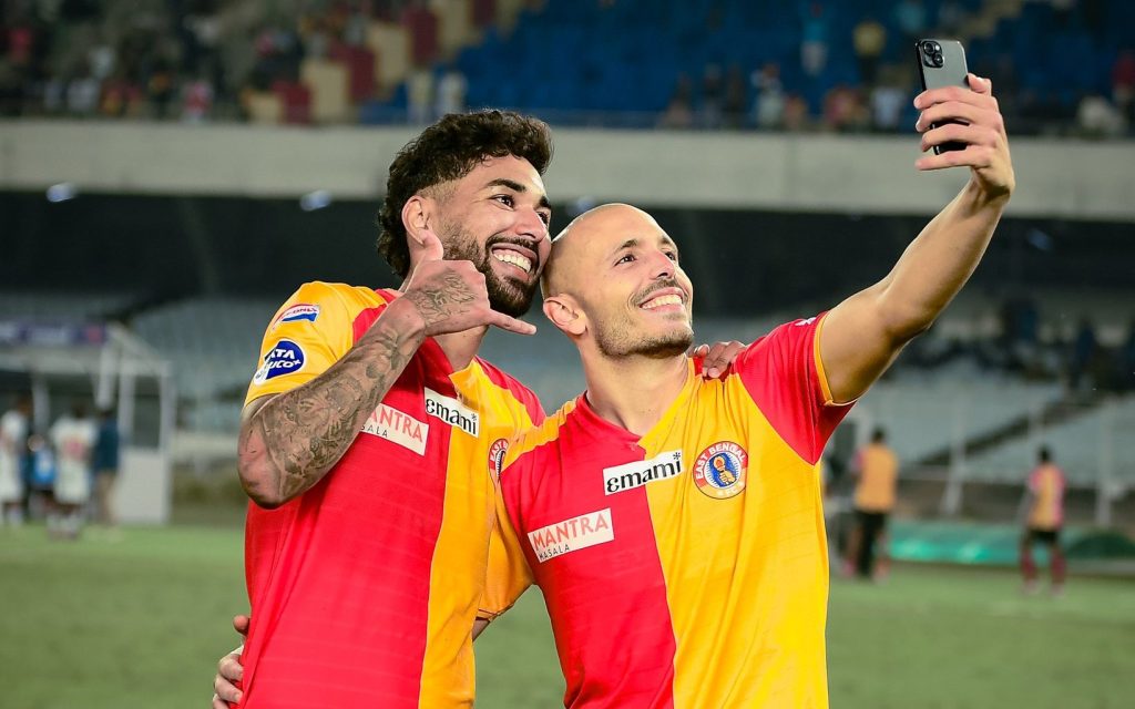 East Bengal's brazilian midfielder Miguel Figueira and Spanish striker Yousseff Ezzejjari