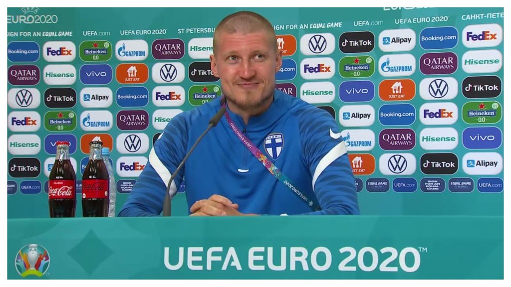 Joni Kauko at a Euro 2020 press conference with Finland.