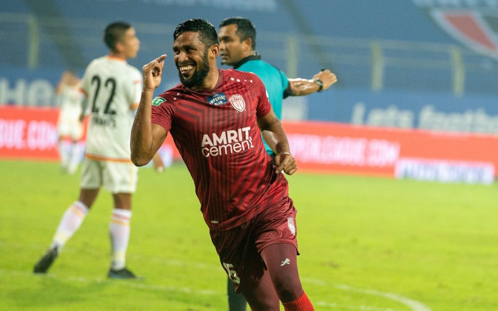 VP Suhair celebrating his goal for Northeast United FC