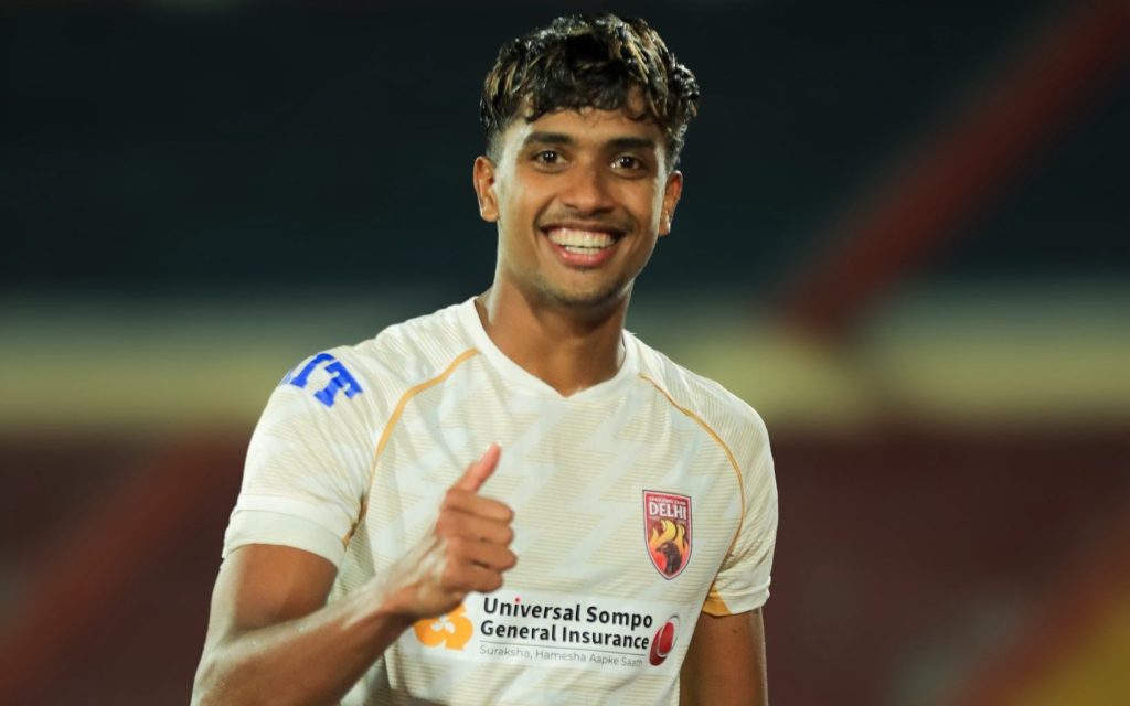 Joseph Sunny celebrating his goal for SC Delhi against Northeast United