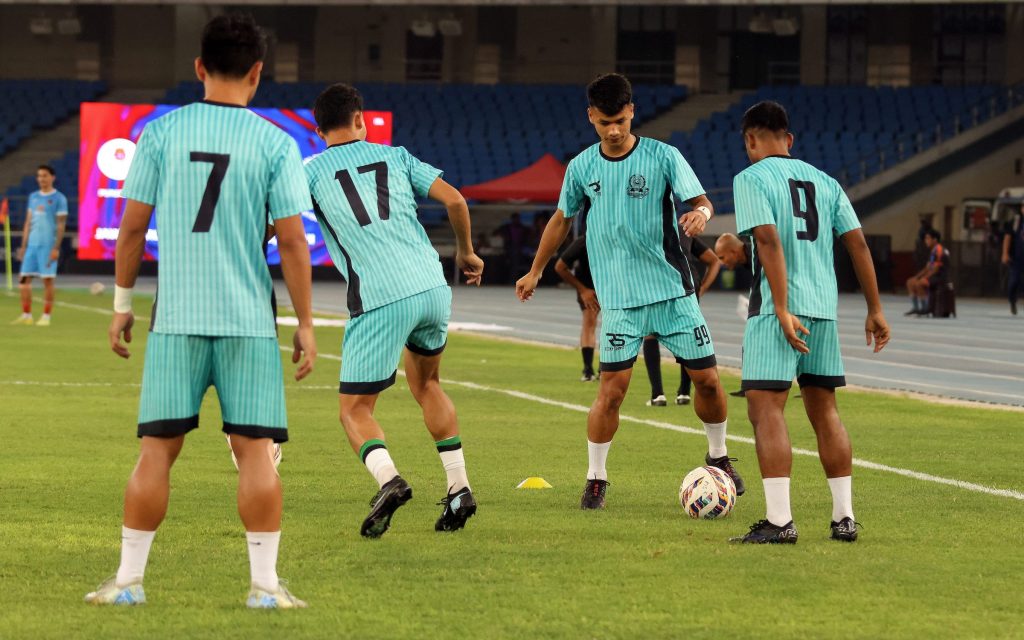 Players warm up during match 43 of the Indian Super League, played between Punjab FC and Mohammedan Sporting Club at Jawaharlal Nehru Stadium, New Delhi on 03rd April 2026