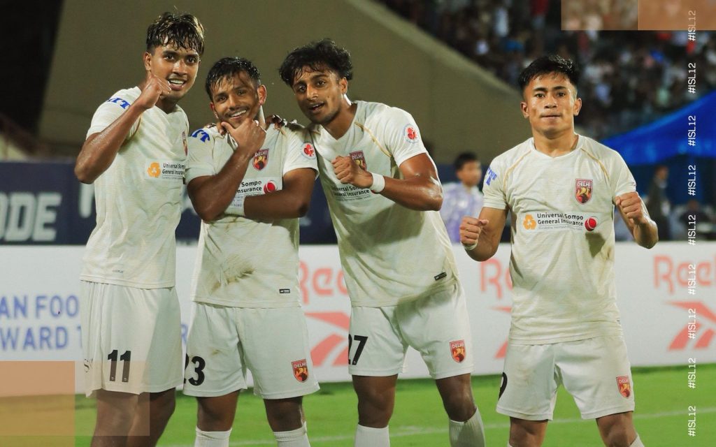 SC Delhi players celebrating their goal against Northeast United FC