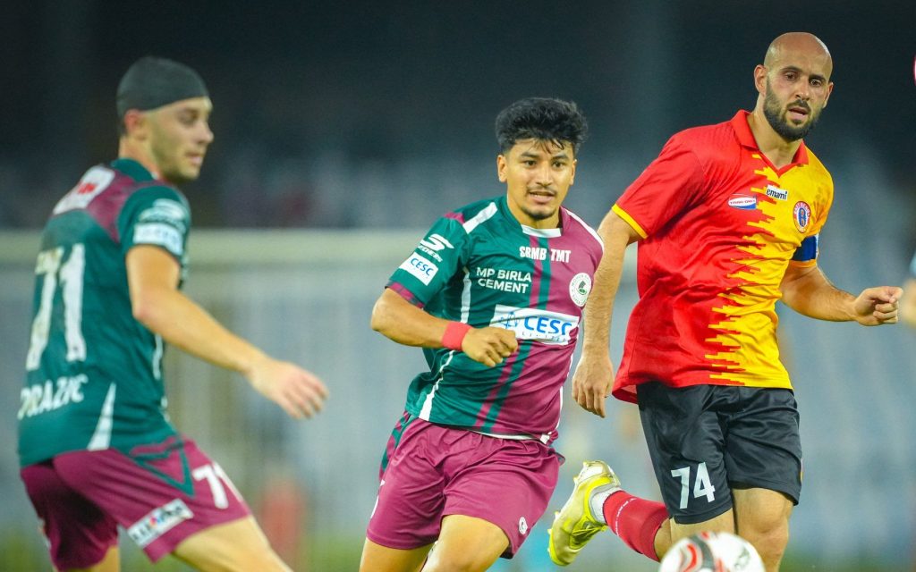 Anirudh Thapa and Mohammad Rashid in action in Kolkata Derby & IFA Shield 2026 finals